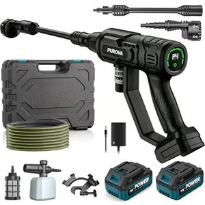 Purova Idropulitrice a Batteria 125 Bar con 2 Batterie 4,0 Ah, 1500W Brushless | Portata max. 400 l/h, Ugello 6 in 1, Bottiglia per Schiuma, Display LCD e 4 Livelli di Pressione per una Pulizia Versatile.