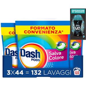 Dash Pods SalvaColore Detersivo Lavatrice in Capsule, 132 Lavaggi +Campione | Rimuove macchie, igienizza in 1 lavaggio, 3 additivi integrati, campione profumatore in regalo da 20 gr