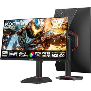 KOORUI Monitor Gaming 27 Pollici HDR400 IPS QHD 320Hz Schermo PC G2721E | 2560x1440p, 1ms GtG, , ΔE≤2, DCI-P3, PIP/PBP, Regolabile Altezza&Pivot, Hardware Low Blue Light, 2xHDMI 2.0, 1xDP 1.4, VESA
