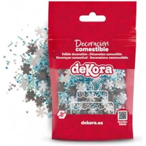 dekora - Sprinkle Mix Fiocchi di Neve 100g - Decorazioni Commestibili per Torte e Cupcake Invernali - Colori Bianco, Blu e Argento - Senza Glutine e Lattosio