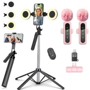 YUANRAN 180 centimetri Vlogging Kit per iPhone, Selfie Stick con Luce e Microfono | Treppiede per telefono cellulare per smartphone, Tiktok/YouTube Starter Kit, kit di vlogging con luce e microfono