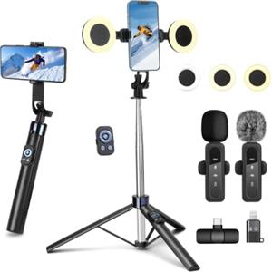 YUANRAN Bastone per selfie da 180 cm, con 2 luci e microfono, kit per vlogging per iPhone/Android, treppiede per smartphone, attrezzatura per creatore di contenuti