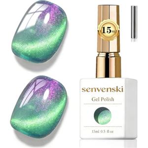 Senvenski Gelatina Vetro Cat Eye Smalto Semipermanente, 15ML Occhi di Gatto Magnetica per Gel Unghie Kit Olografico Glitterato Cristallo Smalti Unghie Salon Home DIY (Verde Viola, 15ml)