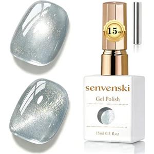 Senvenski Gelatina Vetro Cat Eye Smalto Semipermanente, 15ML Occhi di Gatto Magnetica per Gel Unghie Kit Olografico Glitterato Cristallo Smalti Unghie Salon Home DIY (Glitter Bianco, 15ml)