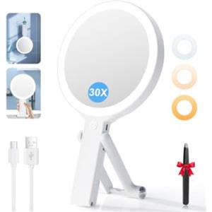 Auxmir Specchio Trucco con Luci LED, Specchio Ingranditore Bifacciale 30X/1X, 3 Colori Regolabile, Specchio da Tavolo Pieghevole, Compatto a Mano e per Appendere, Ricaricabile e Portatile da Viaggio