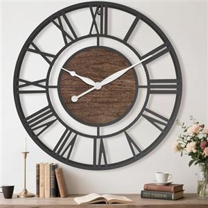 Pytha Sight Orologio da Parete Moderno Grande 60 cm, Metallo Nero e Noce | Orologio da Parete Vintage XXL con Numeri Romani, Design Decorativo e Silenzioso, per Soggiorno, Camera, Ufficio e Cucina