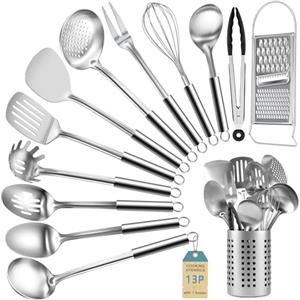 Pleafind Utensili Cucina Acciaio Inox - resistente al calore, 13 Pezzi Utensili da Cucina, Set Mestoli Cucina con Portautensili, Mestoli, Spatola, ecc., lavabile in lavastoviglie