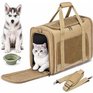 palamea Eurowings Lufthansa - Trasportino per cani in aereo, 55 x 40 x 23 cm, pieghevole, con ciotola da viaggio pieghevole, per cani e gatti, fino a 12 kg, colore cachi
