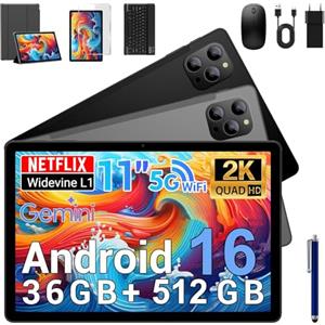 BEYNIVAN Tablet Android 16-11 Pollici Tablet in Offerta con Octa Core T615,36GB RAM + 512GB ROM (2TB TF), 5G WiFi,Gemini AI,Widevine L1,8000mAh,18W,Foto AI 16MP+8MP, TÜV, GPS,con Tastiera+Mouse,Nero