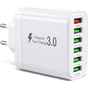 sccvee Caricatore USB 50W, Stazione di Ricarica Multiuso Spina a 6 Porte Ricarica | USB QC 3.0 Spina a Parete Multipla, Compatibile con iPhone 11/12/13/14/XS/XR/iPad/Samsung Galaxy S21/S22/S23