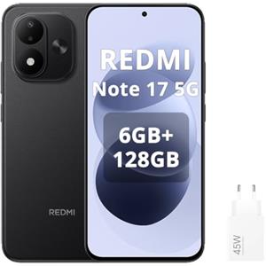 XIAOMI Redmi Note 17 5G-Smartphone 6+128GB,6,99" FHD+ AMOLED 120Hz,Batteria 7700mAh Ricarica 45W,Fotocamera 50MP, Snapdragon 4 Gen 4,IP65, HyperOS con AI,Nero,Con caricatore da 45W