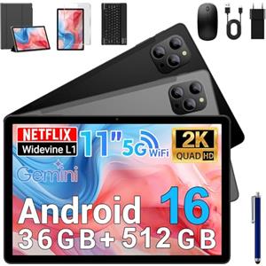 BEYNIVAN Tablet Android 16-11 Pollici Tablet in Offerta con Octa Core T615,36GB RAM + 512GB ROM (2TB TF), 5G WiFi,Gemini AI,Widevine L1,8000mAh,18W,Foto AI 16MP+8MP, TÜV, GPS,con Tastiera+Mouse,Grigio