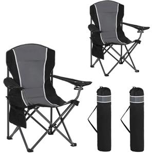 HIGH POINT SPORTS Sedia Pieghevole da Campeggio Nero-Grigio 160KG Sedia da Campo Portatile e Resistente con Portabicchieri Sedia da Pesca 2 Pezzi