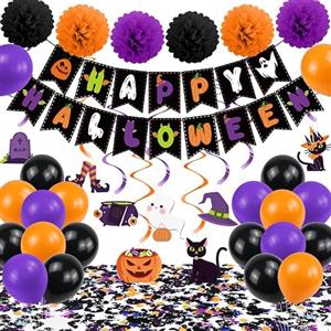 ChunRun Halloween Decorazioni, Set Addobbi Festa con Banner, Pompon, Spirali Sospese e Palloncini, Decorazioni Viola Nero Arancione per Feste, Dolcetto o Scherzetto, Casa, Interni ed Esterni