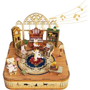 Tonecheer Scatola Musicale Puzzle 3D Legno, Kit di Modellismo DIY per Adulti, Carillon Rotante, Puzzle in Legno per Decorazione Domestica, Regalo di Compleanno o Natale(Famiglia Di Gatti)
