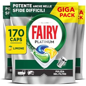 Fairy Platinum Pastiglie Lavastoviglie Tutto in Uno, 170 Caps, Limone | Detersivo in Capsule, Efficace su Grasso e Sporco Ostinato, Rimuove I Residui dal Filtro, Dissoluzione Rapida, Giga Pack
