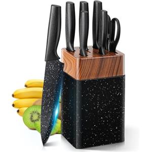 VINATO Set Coltelli da Cucina con Ceppo, 7 Pezzi Ceppo Coltelli Cucina Nero | Set Coltelli da Cucina, 5 Coltelli Più Forbici, Acciaio Inox Antiaderente, Ceppo in PP Igienico, Impugnatura Ergonomica