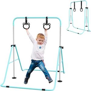 HOMCOM Sbarra Ginnastica Artistica da Casa per Bambini 3+ Anni | Attrezzatura da Allenamento, Altezza Regolabile, con 2 Anelli, Tappetini Antiscivolo