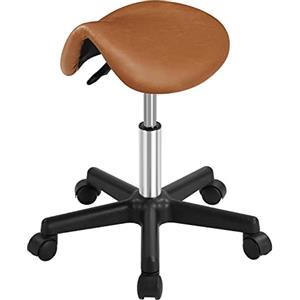 Yaheetech Sgabello a Sella con Ruote Regolabile in Altezza Sedia,Marrone | in Ecopelle e Acciaio e Ruote Silenziose,per Estetista Trucco Girevole Ergonomico Salone Parrucchiere Studio,Portata 120 kg