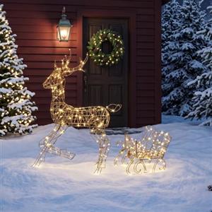 Outsunny Renna Natale Luminose con Slitta, 175 LED Bianco Caldo, Marrone | Renna Natalizia Decorazioni per Interno ed Esterno, 8 Modalità di Illuminazione, Timer, IP44, Patio, Giardino Riparato, Casa