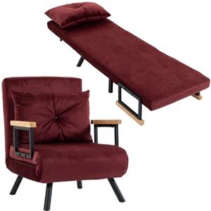 HOMCOM Poltrona Letto Singolo Schienale Regolabile 5 Livelli Rosso Vino | 4 in 1, Pieghevole, Divano Letto Singolo, Cuscino, Braccioli, Seduta Imbottita, in Velluto, Soggiorno, 63x73x81 cm