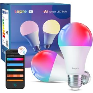Lepro B2 AI Lampadina Smart E27, 1100LM RGB&Luce Bianca Regolabile, 2pcs | Progettista Illuminazione AI Personalizzato, Funziona con Alexa/Google Assistant, Connessione Wi-Fi/Bluetooth, Sync Musicale