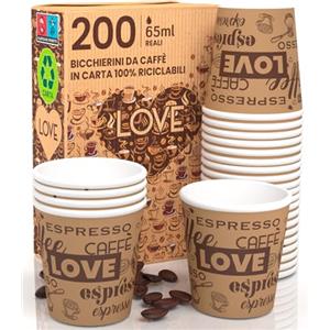 Eurocali 200 Bicchierini in Carta per caffè 65ml LoveBrownCUP | Bicchieri Ecologici Biodegradabili Monouso Piccoli Asporto Bevande Calde