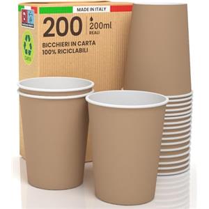 Baciato Caffè 200 Bicchieri in Carta Color Avana 200ml Ecologici Biodegradabili Monouso Made in Italy Asporto Bevande Calde Acqua - Prodotto e confezionato in Italia