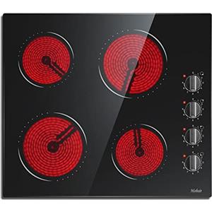 Hobsir hob Hobsir Piano Cottura Vetroceramica 4 Fuochi con Manopola, 6000W Piastra in Ceramica, Piano Cottura Elettrico 59CM, 9 Livelli di Potenza, 220V