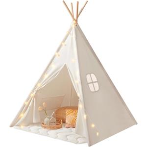 Tiny Land Tenda Indiana Bambini con Coperta & Fata Luci & Borsa di Tela | Tenda Gioco Bambini per Cameretta, Casetta Gioco Bambina & Ragazzo, Capanna Tipi Pieghevole Interno/Esterno, Regalo 3 Anni+