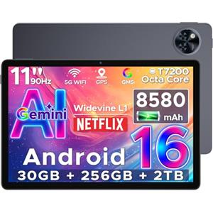 DOOGEETab U11 Pro Android 16 Tablet 11 Pollici, 30GB RAM+256GB ROM (2TB TF), Unisoc T7200 Octa Core Tablet PC, 8580mAh, 90 Hz Display, 13MP+5MP, WIFI 5 /Widevine L1/ GPS/Face ID/OTG,Grigio