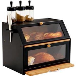 YOUDENOVA Cestino per il pane ecologico in bambù con tagliere, contenitore per pane da cucina, contenitore per pane tostato, nero, 39 x 26 x 32,5 cm (lunghezza x larghezza x altezza)