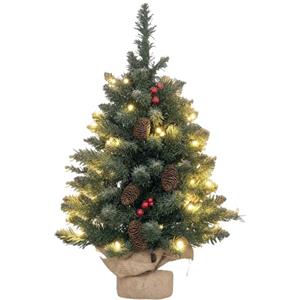 HOMCOM Mini Albero di Natale con Luci Incorporate, 60 cm, Verde | Albero di Natale Piccolo con 86 Rami, Pigne, Bacche Rosse, Base in Cemento, Decorazione Natalizia, per Casa, Interni