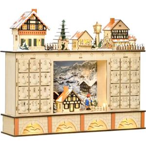 HOMCOM Calendario dell'Avvento in Legno 24 Cassetti con Luci 44x10x37cm | da Riempire, Decorazione con Villaggio di Natale
