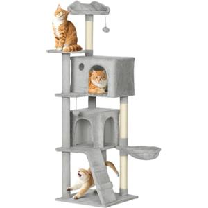 PawHut Tiragraffi per Gatti Alto 160 cm con 3 Pali Graffiatoi Grigio Chiaro | Albero per Gatti Multilivello, 2 Grotte, Cuccia, Amaca, 2 Pompon, Piattaforma, Scala, Torre per Gattini, Peluche