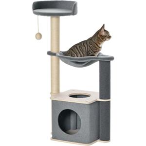 PawHut Albero Tiragraffi per Gatti Alto 95cm con Casetta 48x34x95cm Grigio | Palestra per Gatti di Multilivelli, Amaca, Pallina da Gioco, Cuccia, Corde in Sisal