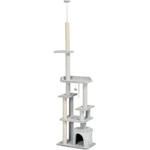 PawHut Tiragraffi per Gatti a Soffitto con Casetta 60x40x225-255cm Grigio | Albero per Gatti da Pavimento, 6 Livelli, Pali Tiragraffi