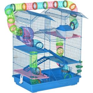 PawHut Gabbia per Criceti e Roditori a 5 Piani con Ruota 47x30x59cm Blu | Gabbietta per Criceti con Tubi Colorati, Casetta, Accessori Inclusi