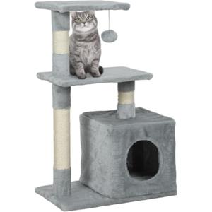 PawHut Tiragraffi per Gatti con Casetta 2 Piattaforme 50x30x81.5 cm Grigio | Pallina Giocattolo, Albero Tiragraffi in Truciolato, Sisal e Peluche