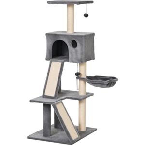 PawHut Albero Tiragraffi Accessoriato con Cuccia Lettino Sospeso e 2 Pedane in Peluche Grigio