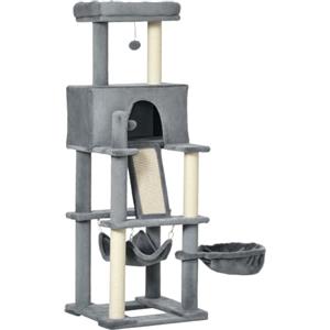 PawHut Albero Tiragraffi per Gatti Adulti e Gattini 48x48x140cm Grigio | Pali in Sisal, Casetta, Lettino, Amache in Peluche