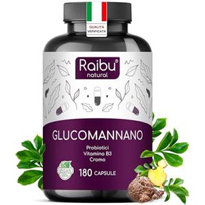 RAIBU GLUCOMANNANO, 4.100 mg per Dose Giornaliera - Glucomannano Naturale con Cromo, Vitamina B3 e Probiotici - Fibra vegetale, integratore ad alto dosaggio, 180 Capsule