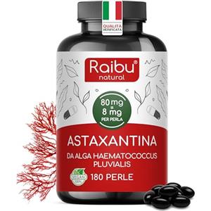 RAIBU Astaxantina Pura - 80 mg (equivalenti a 8 mg di astaxantina) dall'alga Haematococcus pluvialis - 180 Capsule: scorta per 6 mesi - Potente antiossidante, senza stearato di magnesio, senza OGM