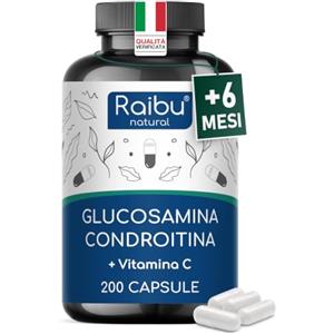 RAIBU Glucosamina Condroitina 200 Capsule, Oltre 6 Mesi di Scorta - Articolazioni, Cartilagini e Ossa - 850mg di Glucosamina e Condroitina per Capsula - Senza Glutine e Lattosio - Arricchita con Vitamina C