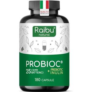 RAIBU Probiotici Fermenti Lattici per Intestino - 180 Capsule, 25 Ceppi Batterici con Inulina, 60 Miliardi UFC - Resistenti ai Succhi Gastrici, Alta Dosaggio & Inclusi Lactobacillus e Bifidobatteri - Raibu