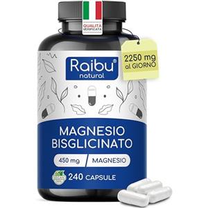 RAIBU Magnesio Bisglicinato 450 mg al Giorno, Alto Dosaggio - 240 Capsule Vegane - Magnesio che Contribuisce alla Riduzione di Stanchezza e Affaticamento e alla Normale Funzione Muscolare