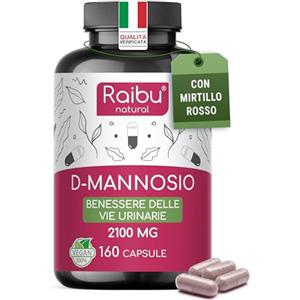 RAIBU D-Mannosio PURO 2100mg, con Mirtillo Rosso I D Mannosio per Cistite I 160 Capsule I Vegan e Senza Additivi, Testato in laboratori I Integratore per Benessere e Supporto Vie Urinarie I Raibu