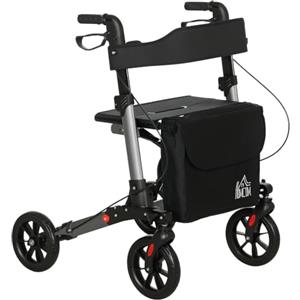 HOMCOM Deambulatore per Anziani Pieghevole ad Altezza Regolabile Nero | Rollator Deambulatore con Seduta, 4 Ruote, Freni Doppie e Borsa Portaoggetti, Girello per Anziani e Disabili in Alluminio