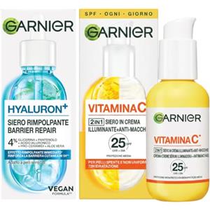 Garnier SkinActive Siero Viso in Crema 2in1 Illuminante Anti-Macchie SPF 25 con Vitamina C e Agrumi 50ml + Siero Viso Rimpolpante Hyaluron+ con Glicerina Acido Ialuronico e Aloe Vera 30ml