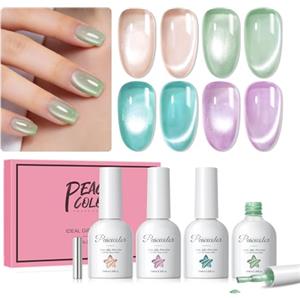PEACECOLOR Smalto Semipermanente Unghie 4PCS Occhi di Gatto Gel Unghie Kit | Magnetico Cat Eye Gel Polish Nude Verde Viola Glitterato Effetto Long Lasting Gel per Unghie Nail Art Designs Manicure 10ML